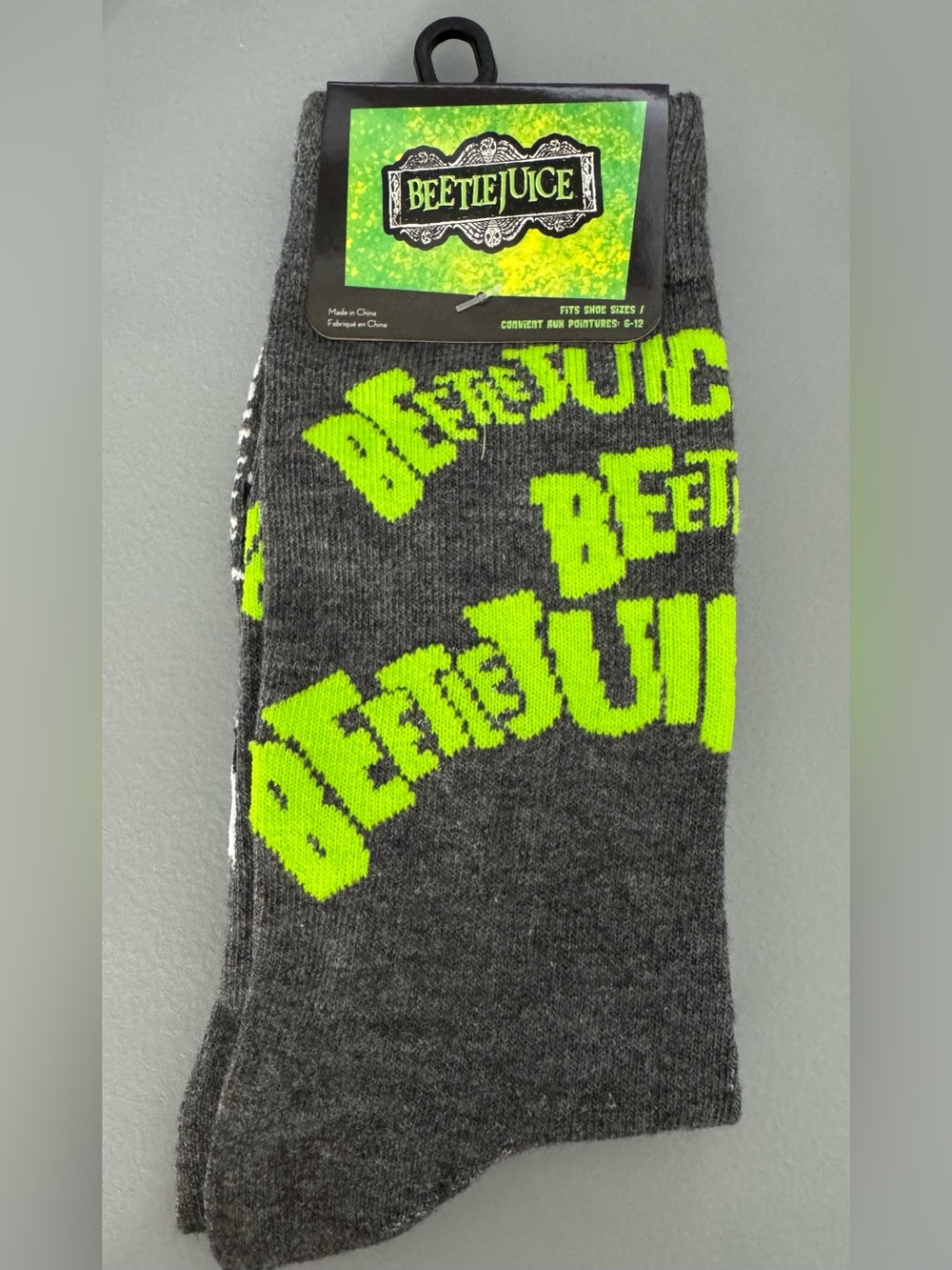 Beetlejuice Women's Crew Socks in Neon Green on Charcoal Halloween novelty